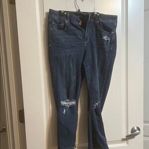 American Eagle Outfitters Women's Dark Blue Distressed cropped Jeans